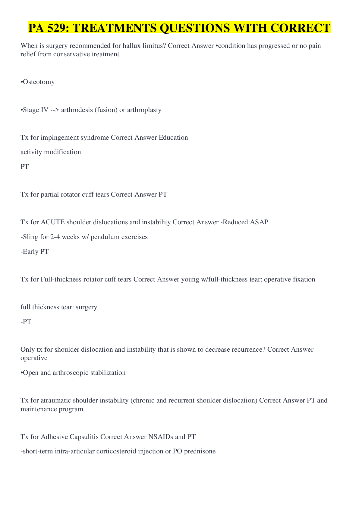 Preview image for PA 529: TREATMENTS QUESTIONS WITH CORRECT